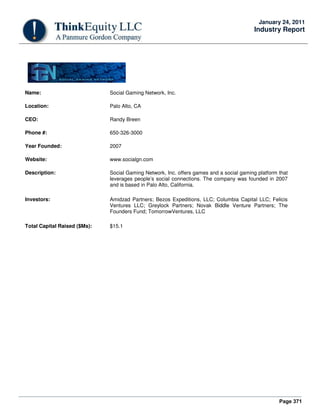 Page 371
January 24, 2011
Industry Report
Name: Social Gaming Network, Inc.
Location: Palo Alto, CA
CEO: Randy Breen
Phone #: 650-326-3000
Year Founded: 2007
Website: www.socialgn.com
Description: Social Gaming Network, Inc. offers games and a social gaming platform that
leverages people’s social connections. The company was founded in 2007
and is based in Palo Alto, California.
Investors: Amidzad Partners; Bezos Expeditions, LLC; Columbia Capital LLC; Felicis
Ventures LLC; Greylock Partners; Novak Biddle Venture Partners; The
Founders Fund; TomorrowVentures, LLC
Total Capital Raised ($Ms): $15.1
 