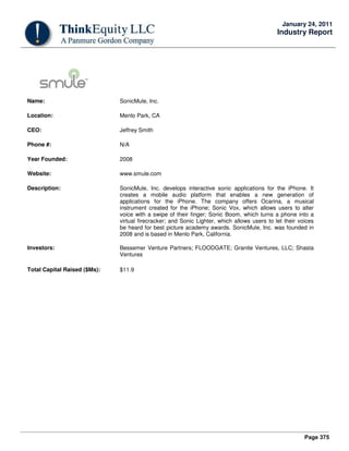 Page 375
January 24, 2011
Industry Report
Name: SonicMule, Inc.
Location: Menlo Park, CA
CEO: Jeffrey Smith
Phone #: N/A
Year Founded: 2008
Website: www.smule.com
Description: SonicMule, Inc. develops interactive sonic applications for the iPhone. It
creates a mobile audio platform that enables a new generation of
applications for the iPhone. The company offers Ocarina, a musical
instrument created for the iPhone; Sonic Vox, which allows users to alter
voice with a swipe of their finger; Sonic Boom, which turns a phone into a
virtual firecracker; and Sonic Lighter, which allows users to let their voices
be heard for best picture academy awards. SonicMule, Inc. was founded in
2008 and is based in Menlo Park, California.
Investors: Bessemer Venture Partners; FLOODGATE; Granite Ventures, LLC; Shasta
Ventures
Total Capital Raised ($Ms): $11.9
 