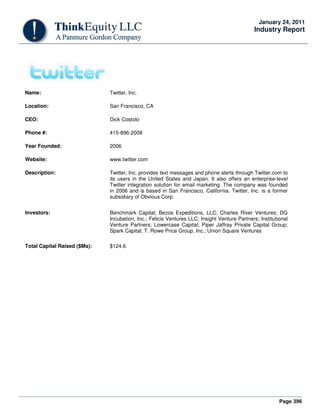 Page 396
January 24, 2011
Industry Report
Name: Twitter, Inc.
Location: San Francisco, CA
CEO: Dick Costolo
Phone #: 415-896-2008
Year Founded: 2006
Website: www.twitter.com
Description: Twitter, Inc. provides text messages and phone alerts through Twitter.com to
its users in the United States and Japan. It also offers an enterprise-level
Twitter integration solution for email marketing. The company was founded
in 2006 and is based in San Francisco, California. Twitter, Inc. is a former
subsidiary of Obvious Corp.
Investors: Benchmark Capital; Bezos Expeditions, LLC; Charles River Ventures; DG
Incubation, Inc.; Felicis Ventures LLC; Insight Venture Partners; Institutional
Venture Partners; Lowercase Capital; Piper Jaffray Private Capital Group;
Spark Capital; T. Rowe Price Group, Inc.; Union Square Ventures
Total Capital Raised ($Ms): $124.6
 