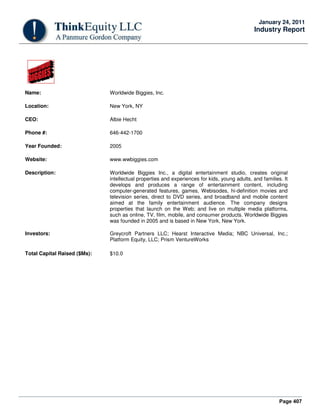 Page 407
January 24, 2011
Industry Report
Name: Worldwide Biggies, Inc.
Location: New York, NY
CEO: Albie Hecht
Phone #: 646-442-1700
Year Founded: 2005
Website: www.wwbiggies.com
Description: Worldwide Biggies Inc., a digital entertainment studio, creates original
intellectual properties and experiences for kids, young adults, and families. It
develops and produces a range of entertainment content, including
computer-generated features, games, Webisodes, hi-definition movies and
television series, direct to DVD series, and broadband and mobile content
aimed at the family entertainment audience. The company designs
properties that launch on the Web; and live on multiple media platforms,
such as online, TV, film, mobile, and consumer products. Worldwide Biggies
was founded in 2005 and is based in New York, New York.
Investors: Greycroft Partners LLC; Hearst Interactive Media; NBC Universal, Inc.;
Platform Equity, LLC; Prism VentureWorks
Total Capital Raised ($Ms): $10.0
 
