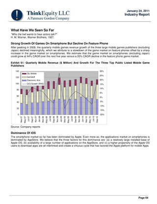 Page 64
January 24, 2011
Industry Report
What Have We Seen So Far
"Who the hell wants to hear actors talk?"
H. M. Warner, Warner Brothers, 1927.
Strong Growth Of Games On Smartphone But Decline On Feature Phone
After peaking in 2008, the quarterly mobile games revenue growth of the three large mobile games publishers (excluding
Japan) declined meaningfully, which we attribute to a slowdown of the game market on feature phones offset by a sharp
increase in the game market on smartphones. We estimate that the game market on smartphones (excluding Japan)
could grow at 44% CAGR over the next five year versus a 20% CAGR decline in the feature phone game market.
Exhibit 61: Quarterly Mobile Revenue ($ Million) And Growth For The Three Top Public Listed Mobile Game
Publishers
0
20
40
60
80
100
120
140
Mar-07
May-07
Jul-07
Sep-07
Nov-07
Jan-08
Mar-08
May-08
Jul-08
Sep-08
Nov-08
Jan-09
Mar-09
May-09
Jul-09
Sep-09
Nov-09
Jan-10
Mar-10
May-10
Jul-10
Sep-10
-20%
-15%
-10%
-5%
0%
5%
10%
15%
20%
25%
30%
Glu Mobile
Gameloft
Electronic Arts
Q/Q Growth (RHS)
Source: Company reports
Dominance Of iOS
The smartphone market so far has been dominated by Apple. Even more so, the applications market on smartphones is
dominated by AppStore. We believe that the three factors for this dominance are: (a) a relatively large installed base of
Apple OS, (b) availability of a large number of applications on the AppStore, and (c) a higher propensity of the Apple OS
users to download apps are all interlinked and create a virtuous cycle that has favored the Apple platform for mobile Apps.
 