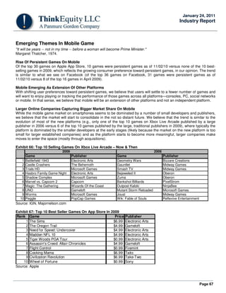 Page 67
January 24, 2011
Industry Report
Emerging Themes In Mobile Game
"It will be years -- not in my time -- before a woman will become Prime Minister."
Margaret Thatcher, 1974.
Rise Of Persistent Games On Mobile
Of the top 30 games on Apple App Store, 10 games were persistent games as of 11/02/10 versus none of the 10 best-
selling games in 2009, which reflects the growing consumer preference toward persistent games, in our opinion. The trend
is similar to what we see on Facebook (of the top 36 games on Facebook, 31 games were persistent games as of
11/02/10 versus 8 of the top 16 games in April 2009).
Mobile Emerging As Extension Of Other Platforms
With shifting user preferences toward persistent games, we believe that users will settle to a fewer number of games and
will want to enjoy playing or tracking the performance of those games across all platforms—consoles, PC, social networks
or mobile. In that sense, we believe that mobile will be an extension of other platforms and not an independent platform.
Larger Online Companies Capturing Bigger Market Share On Mobile
While the mobile game market on smartphones seems to be dominated by a number of small developers and publishers,
we believe that the market will start to consolidate in the not so distant future. We believe that the trend is similar to the
evolution of most of the new platforms (e.g., only one of the top 10 games on Xbox Live Arcade published by a large
publisher in 2006 versus 6 of the top 10 games published by the large, traditional publishers in 2009), where typically the
platform is dominated by the smaller developers at the early stages (likely because the market on the new platform is too
small for larger established companies) and as the platform starts to become more meaningful, larger companies make
moves to enter the space (mostly through acquisitions).
Exhibit 66: Top 10 Selling Games On Xbox Live Arcade – Now & Then
2009 2006
Game Publisher Game Publisher
1 Battlefield 1943 Electronic Arts Geometry Wars Bizzare Creations
2 Castle Crashers The Behemoth Gauntlet Midway Games
3 Trials HD Microsoft Games Smash TV Midway Games
4 Hasbro Family Game Night Electronic Arts Bejeweled II Oberon
5 Shadow Complex Microsoft Games Zuma Oberon
6 Marvel vs. Capcom 2 Capcom Bankshot Billiards PixelStrom
7 Magic: The Gathering Wizards Of the Coast Outpost Kaloki NinjaBee
8 UNO Gameloft Mutant Storm Reloaded Microsoft Games
9 Worms Microsoft Games Joust Midway Games
10 Peggle PopCap Games Wik: Fable of Souls Reflexive Entertainment
Source: IGN, Majornelson.com
Exhibit 67: Top 10 Best Seller Games On App Store In 2009
Rank Game Price Publisher
1 The Sims $6.99 Electronic Arts
2 The Oregon Trail $4.99 Gameloft
3 Need for Speed: Undercover $4.99 Electronic Arts
4 Madden NFL 10 $4.99 Electronic Arts
5 Tiger Woods PGA Tour $0.99 Electronic Arts
6 Assassin's Creed: Altair Chronicles $4.99 Gameloft
7 Flight Control $0.99 Firemint
8 Cooking Mama $6.99 Taito
9 Civilization Revolution $6.99 Take-Two
10 Wheel of Fortune $0.99 Sony
Source: Apple
 