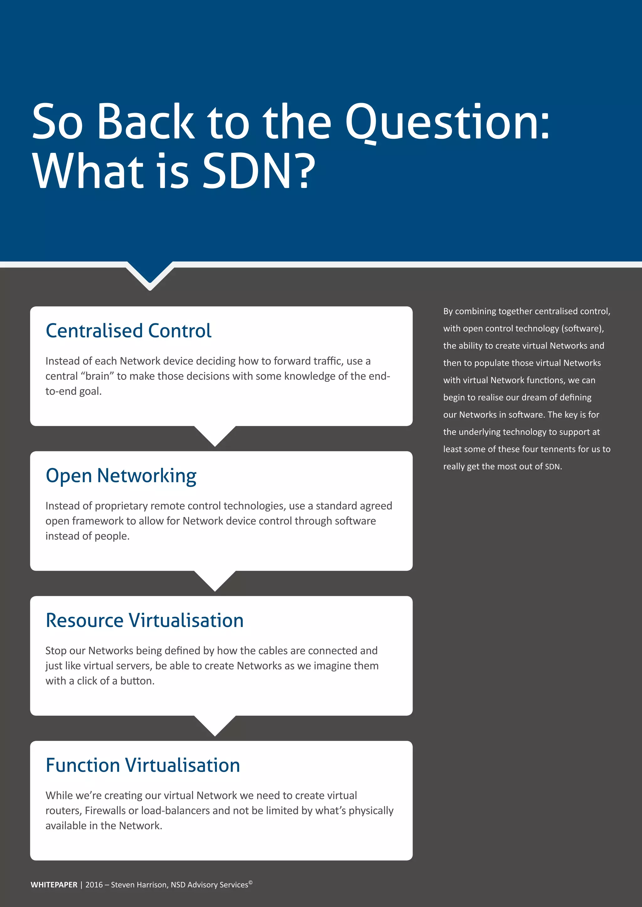 WHITEPAPER - Name of whitepaper here
By combining together centralised control,
with open control technology (software),
the ability to create virtual Networks and
then to populate those virtual Networks
with virtual Network functions, we can
begin to realise our dream of defining
our Networks in software. The key is for
the underlying technology to support at
least some of these four tennents for us to
really get the most out of SDN.
So Back to the Question:
What is SDN?
Open Networking
Instead of proprietary remote control technologies, use a standard agreed
open framework to allow for Network device control through software
instead of people.
Resource Virtualisation
Stop our Networks being defined by how the cables are connected and
just like virtual servers, be able to create Networks as we imagine them
with a click of a button.
Function Virtualisation
While we’re creating our virtual Network we need to create virtual
routers, Firewalls or load-balancers and not be limited by what’s physically
available in the Network.
Centralised Control
Instead of each Network device deciding how to forward traffic, use a
central “brain” to make those decisions with some knowledge of the end-
to-end goal.
WHITEPAPER | 2016 – Steven Harrison, NSD Advisory Services©
 
