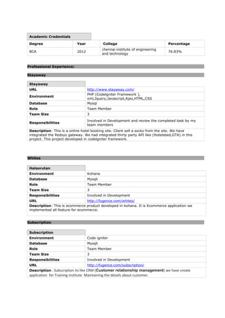 Academic Credentials
Degree Year College Percentage
BCA 2012
chennai institute of engineering
and technology
76.83%
Professional Experience:
Stayaway
Stayaway
URL http://www.stayaway.com/
Environment
PHP (Codelgniter Framework ),
xml,Jquery,Javascript,Ajax,HTML,CSS
Database Mysql
Role Team Member
Team Size 3
Responsibilities
Involved in Development and review the completed task by my
team members
Description: This is a online hotel booking site. Client sell a socks from the site. We have
integrated the Redsys gateway. We had integrated thirty party API like (Hotelsbed,GTA) in this
project. This project developed in codelginter framework.
Whites
Halsorutan
Environment Kohana
Database Mysqli
Role Team Member
Team Size 3
Responsibilities Involved in Development
URL http://fugence.com/whites/
Description: This is ecommerce product developed in kohana. It is Ecommerce application we
implemented all feature for ecommerce.
Subscription
Subscription
Environment Code igniter
Database Mysqli
Role Team Member
Team Size 3
Responsibilities Involved in Development
URL http://fugence.com/subscription/
Description : Subscription its like CRM (Customer relationship management) we have create
application for Training institute Maintaining the details about customer.
 