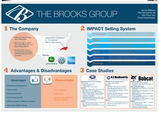 THE BROOKS GROUP
Clients:
•	 Sales and Sales Manage-
ment Training firm	
•	 Known for real-world ad-
vice, hard-hitting facts, and
great selling systems 	
•	 Success factor: customi-
zed workshops and selling
systems & staying close to
customers
Headquarters in Greensboro
20 - 50 employees
US$ 5.9 million revenue
Meet
Probe
Apply
Convince
Tie-it-up
Investigate
•	 Don‘t shoot into the dark, investigate why a prospect might buy from you to pull them in
•	 Find out beforehand whether a prospect is worth pursuing, so no time will be wasted
•	 Know as much about the buyer‘s business situation and needs as possible in advance
•	 Don’t waste time with small talk, but learn to get to the point in a natural, smooth way
•	 Use sales techniques that go below the surface and use want-based sales strategies
•	 Get commitment from your prospect at the beginning of the first meeting
•	 There are 6 categories of questions that uncover the prospects motives to buy and allow
you to apply consultative-selling techniques
•	 Get into buyer’s mindset, don’t make a presentation too early, but wait for the right time
•	 Understand how to read key indicators for “the next step/move” in the sales process so
you can confidently draw the buyer through the sales process as fast as possible
•	 Reduce price-pressure and sell at higher margins
•	 Lead the buyer into discovering your product’s applications and benefits instead of “pit-
ching” them on benefits.  This way the prospect makes the connection and it’s his dis-
covery and his confidence in your product or service
•	 Not only close the deal, but ensure long term business with the buyer
Situation at Motor Coach Industries:
They want to:
•	 Defeat price objections
•	 Increase margin
•	 Forecast future orders better
Solution:
•	 Discovery: Selling Skills Index, time in the
field and on-site, and interviews
•	 Sales Training: 2-day IMPACT Selling
course, 9-week IMPACT Sales Coaching
program, Selling Against Lower-Priced
Competition workshop
•	 Sales Management Training: 2-day sales
management training course and 8-week
Coach the Coach program
Results:
•	 MCI EBITDA is up 20% from the previous
year, with gross profit up 6%
•	 Orders booked and delivered have impro-
ved 30%
Situation at R.F. MacDonald Co.:
•	 Sustain current growth
Solution:
•	 Discovery: Interviews with managers
•	 Sales Management Training: 2 days
•	 Front-Line Sales Rep Training: Customi-
zed sales training
•	 Coaching and Reinforcement: 9-session
leader-led coaching program
•	 Individual Team Member Assessments:
Ongoing
Result:
•	 Growth that had already taken place con-
tinues and business keeps moving in a
positive trajectory
Situation at Bobcat:
•	 Lacking sales training program
•	 Struggling to sell its products at high vo-
lume and margin
Why the Brooks Group?
•	 Specialization and Expertise in dealership
distribution
•	 Customization and integration to the dea-
lership’s world
•	 Relevance and real-world application to
dealer challenges
•	 Proactive approach focusing on prospec-
ting in addition to selling
•	 Reinforcement and the capacity for ongo-
ing coaching and support
Results:
•	 60% of salesmen are selling 1-3 additio-
nal units per month
•	 24% of salesmen see a gross margin in-
crease of 1-6% per unit sold
•	 $2,470,000 additional revenue
•	Professional background
•	Good results
•	Practical solutions
•	Customized service
•	Widely applied to different industries
•	All-around selling training
•	Time consuming
•	High-priced
•	Only focused on the U.S.
American market
Advantages Disadvantages
Janina Blattner
Rita Gonçalves Gil
Wei-Chun Hsu
Fenja Rosenberger
The Company IMPACT Selling System2
Advantages & Disadvantages4 Case Studies3
1
 