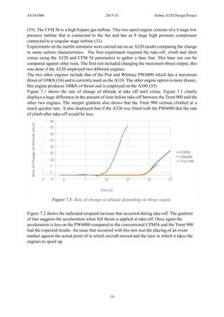 AVIA1000 2015/16 Airbus A320 Design Project
19
(33). The CFM 56 is a high bypass gas turbine. This two spool engine consists of a 4 stage low
pressure turbine that is connected to the fan and has as 9 stage high pressure compressor
connected to a singular stage turbine (31).
Experiments on the merlin simulator were carried out on an A320 model comparing the change
in some certain characteristics. The first experiment required the take-off, climb and short
cruise using the A320 and CFM 56 parameters to gather a base line. This base run can be
compared against other tests. The first test included changing the maximum thrust output, this
was done if the A320 employed two different engines.
The two other engines include that of the Prat and Whitney PW6000 which has a maximum
thrust of 109kN (34) and is currently used on the A318. The other engine option is more drastic,
this engine produces 340kN of thrust and is employed on the A380 (35).
Figure 7.1 shows the rate of change of altitude at take off until cruise. Figure 7.1 clearly
displays a huge difference in the amount of time before take-off between the Trent 900 and the
other two engines. The steeper gradient also shows that the Trent 900 version climbed at a
much quicker rate. It also displayed that if the A320 was fitted with the PW6000 that the rate
of climb after take-off would be less.
Figure 7.1- Rate of change of altitude depending on thrust output.
Figure 7.2 shows the indicated airspeed increase that occurred during take-off. The gradient
of line suggests the acceleration when full thrust is applied at take-off. Once again the
acceleration is less on the PW6000 compared to the conventional CFM56 and the Trent 900
had the expected results. An issue that occurred with this test was the placing of an event
marker against the actual point of in which aircraft moved and the time in which it takes the
engines to spool up.
 