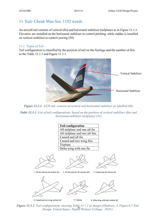 AVIA1000 2015/16 Airbus A320 Design Project
40
11 Tail- Cheuk Man Sin, 1192 words
An aircraft tail consists of vertical (fin) and horizontal stabiliser (tailplane) as in Figure 11.1.1.
Elevators are installed on the horizontal stabiliser to control pitching; while rudder is installed
on vertical stabiliser to control yawing (50)
11.1 Types of Tail
Tail configuration is classified by the position of tail on the fuselage and the number of fins
as the Table 11.1.1 and Figure 11.1.1.
Table 11.1.1- List of tail configurations, based on the position of vertical stabiliser (fin) and
horizontal stabiliser (tailplane) (51)
Tail configuration
Aft tailplane and one aft fin
Aft tailplane and two aft fins
Canard and aft fin
Canard and two wing fins
Triplane
Delta wing with one fin
Vertical Stabiliser
Horizontal Stabiliser
Figure 11.1.1- A320 tail, consists of vertical and horizontal stabiliser as labelled (66)
Figure 11.1.2- Tail configurations showing Table 11.1.1 in images ((Sadraey, J. Figure 6.7 Tail
Design. United States: Daniel Webster College, 2010.)
 
