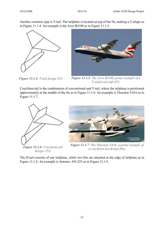 AVIA1000 2015/16 Airbus A320 Design Project
42
Another common type is T-tail. The tailplane is located on top of the fin, making a T-shape as
in Figure 11.1.4. An example is the Avro RJ100 as in Figure 11.1.5.
Cruciform tail is the combination of conventional and T-tail, where the tailplane is positioned
approximately at the middle of the fin as in Figure 11.1.6. An example is Thurston TA16 as in
Figure 11.1.7.
The H-tail consists of one tailplane, while two fins are attached at the edge of tailplane as in
Figure 11.1.8. An example is Antonov AN-225 as in Figure 11.1.9.
Figure 11.1.4- T-tail design (51) Figure 11.1.5- The Avro RJ100, prime example of a
T-tailed aircraft (67).
Figure 11.1.6- Cruciform tail
design. (51)
Figure 11.1.7- The Thurston TA16, a prime example of
a cruciform tail design (68).
 