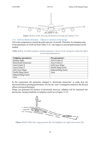 AVIA1000 2015/16 Airbus A320 Design Project
50
11.4 A320 on Merlin Simulator – Effects of variation of tail design
Tail is the component to control the pitch and yaw of aircraft. Therefore, by changing some
of the parameters of A320 tail from Table 11.4.1, the impact on aircraft performance can be
studied.
Table 11.4.1- Available taiplane and fin parameters which can be changed to study the effect
on aircraft performance.
Tailplane parameters Fin parameters
Setting Angle Aero Centre X
Downwash immersion Aero Centre Z
Aero Centre X Lift Curve Slope
Aero Center Z Profile Drag Factor
Lift Curve Slope Induced Drag Factor
Profile Drag Factor Area
Induced Drag Factor
Area
In this experiment, the parameter changed is ‘downwash immersion’ to study how the
downwash affects pitching performance. For fin, the ‘area’ is changed to study how the fin area
affects yawing performance.
Wings can generated lift because of downwash, however, tailplane will be immersed into
downwash, causing instability on tailplane control as in Figure 11.3.5.
Figure 11.3.4- A380, showing the position of wing and engines (75).
Figure 11.4.1- When the wing generates lift, the tailplane can suffer downwash (76).
 