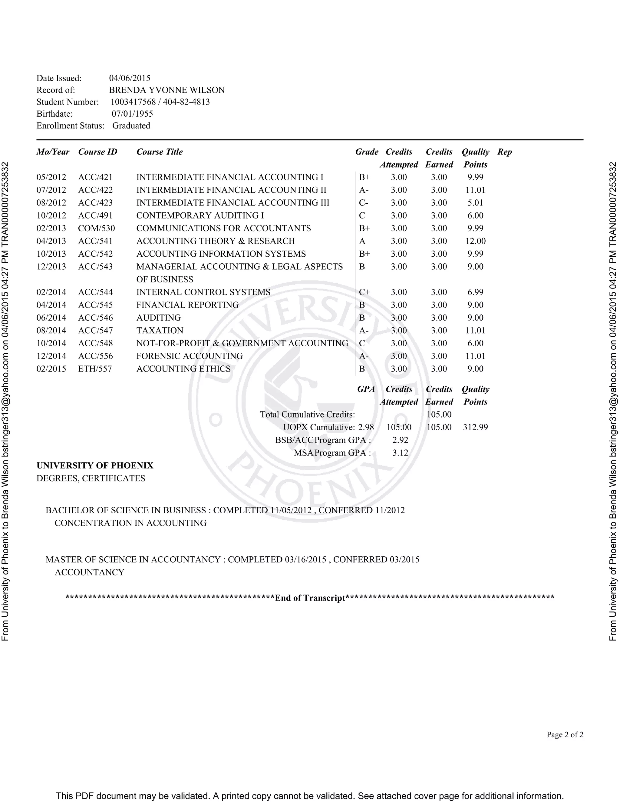 completed-transcript-7253832 | PDF | College Education | Education