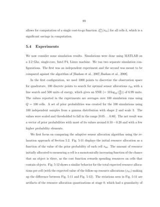89
allows for computation of a single cost-to-go function Jλ∗
k,1(πk1) for all cells k, which is a
signiﬁcant savings in computation.
5.4 Experiments
We now consider some simulation results. Simulations were done using MATLAB on
a 2.2 Ghz, single-core, Intel P4, Linux machine. We ran two separate simulation con-
ﬁgurations. The ﬁrst was an independent experiment and the second was meant to be
compared against the algorithm of [Bashan et al., 2007,Bashan et al., 2008].
In the ﬁrst conﬁguration, we used 1000 points to discretize the observation space
for quadrature, 100 discrete points to search for optimal sensor allocations xk0 with a
line search and 500 units of energy, which gives an SNR (= 10 log10 (R
Q
)) of 6.99 units.
The values reported in the experiments are averages over 100 simulation runs using
Q = 100 cells. A set of prior probabilities was created for the 100 simulations using
100 independent samples from a gamma distribution with shape 2 and scale 3. The
values were scaled and thresholded to fall in the range [0.05 . . . 0.80]. The net result was
a vector of prior probabilities with most of its values around 0.10 − 0.20 and with a few
higher probability elements.
We ﬁrst focus on comparing the adaptive sensor allocation algorithm using the re-
laxation approach of Section 5.2. Fig. 5·11 displays the initial resource allocation as a
function of the value of the prior probability of each cell πk0. The amount of resource
initially allocated to measuring a cell is a monotonically increasing function of the chance
that an object is there, as the cost function rewards spending resources on cells that
contain objects. Fig. 5·12 shows a similar behavior for the total expected resource alloca-
tions per cell (with the expected value of the follow-up resource allocations (xk1) making
up the diﬀerence between Fig. 5·11 and Fig. 5·12). The striations seen in Fig. 5·11 are
artifacts of the resource allocation quantizations at stage 0, which had a granularity of
 