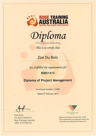 Diploma of Project Management Certificate - Zoe Du Bois