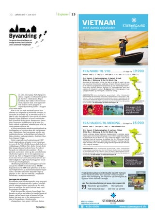 LØRDAG DEN 14. JUNI 2014 Explorer 23
D
en salte, smøragtige duft af popcorn
når ud på gaden ved Palads biografen
på Axeltorv i København. Et par
kornfede duer hakker efter resterne
af de poppede majs, som ligger mel-
lem stenene, mens gruppen til
dagens byvandring samles i skyggen
af de store træer.
Som vi står her midt imellem lysende stor-
skærme ved biografen og motorstøj fra vejen, er
det svært at forestille sig, at området frem til ca.
1860 lå uden for bykernen. Vores guide, Charlotte
Stigaard-Vinge, forklarer, at byens centrum før-
hen lå imellem de ﬁre porte Amagerport, Nørre-
port, Vesterport og Østerport, og da man fjer-
nede voldene og portene, voksede byen ud af, og
dens centrum rykkede sig.
»I tiden omkring det moderne gennembrud og
nedlæggelsen af voldene skete der rigtig mange
ting i København. Der kom grønne arealer, nye
sundhedsreformer og forskellige nye boliger til
både arbejdere og borgerskabet,« forklarer Char-
lotte Stigaard-Vinge.
Under englændernes bombardement i 1807
havde englænderne opfundet en ny type grana-
ter, som de fra Valby Bakke kunne skyde ind over
voldanlægget. Voldene blev derfor fjernet, da de
ikke længere kunne beskytte byen. Derudover
hærgede en voldsom koleraepidemi i denne
periode, og de store volde og den tætte beboelse
i København gjorde det let for sygdommen at
sprede sig. Med nedlæggelsen fulgte et bygge-
boom med brede boulevarder, brokvarterer, her-
skabslejligheder og forlystelsesbyggerier såsom
Tivoli og Cirkusbygningen.
»Befolkningstallet efter nedlæggelsen af vold-
ene går fra 150.000 mennesker til ca. 400.000 i
begyndelsen af år 1900 med opførelsen af de her
nye boligkvarterer og industrialiseringens begyn-
delse,« fortæller Charlotte Stigaard-Vinge og
påpeger, at der i dag bor omkring 1,4 millioner
mennesker i Københavnsområdet.
Det lugter lidt af sygdom
Efterhånden som befolkningstallet steg, steg også
mængden af efterladenskaber i gaden. Arbejdet
med at anlægge kloaker begyndte, og det med-
førte en interesse for også at udvide med vand-
forsyninger til borgerne.
Vi går hen mod det robuste, brune hegn. Der
hænger en gul og sort plakat fra bandet Noisia på
hegnet, og her lugter svagt af gammel øl. Bag
hegnet kan man ane et ﬂot murstenshus. Vi er
nået til Pumpehuset i Studiestræde.
»Pumpehuset blev opført i 1859 som Køben-
Fortsættes E
 