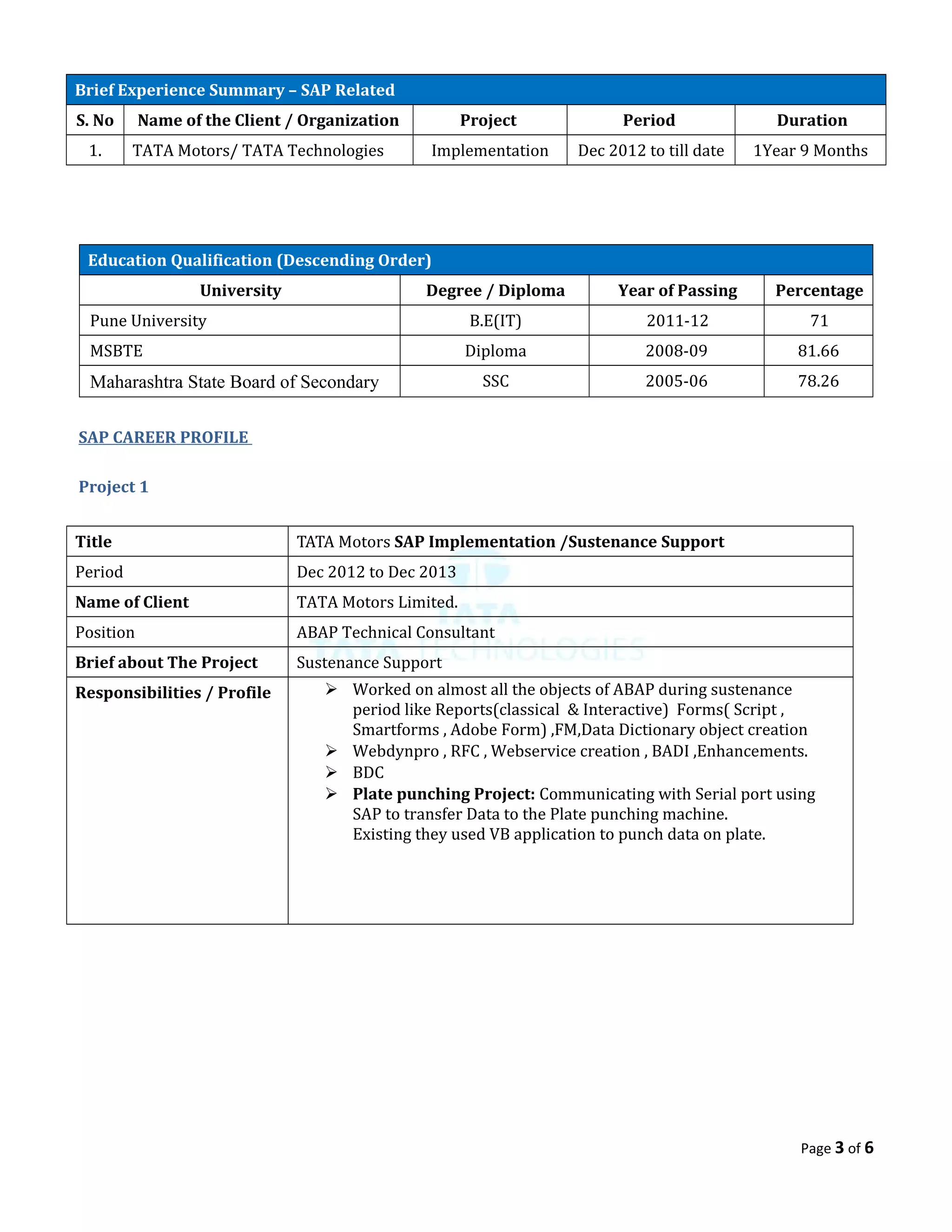 Brief Experience Summary – SAP Related
S. No Name of the Client / Organization Project Period Duration
1. TATA Motors/ TATA Technologies Implementation Dec 2012 to till date 1Year 9 Months
Education Qualification (Descending Order)
University Degree / Diploma Year of Passing Percentage
Pune University B.E(IT) 2011-12 71
MSBTE Diploma 2008-09 81.66
Maharashtra State Board of Secondary SSC 2005-06 78.26
SAP CAREER PROFILE
Project 1
Title TATA Motors SAP Implementation /Sustenance Support
Period Dec 2012 to Dec 2013
Name of Client TATA Motors Limited.
Position ABAP Technical Consultant
Brief about The Project Sustenance Support
Responsibilities / Profile  Worked on almost all the objects of ABAP during sustenance
period like Reports(classical & Interactive) Forms( Script ,
Smartforms , Adobe Form) ,FM,Data Dictionary object creation
 Webdynpro , RFC , Webservice creation , BADI ,Enhancements.
 BDC
 Plate punching Project: Communicating with Serial port using
SAP to transfer Data to the Plate punching machine.
Existing they used VB application to punch data on plate.
Page 3 of 6
 