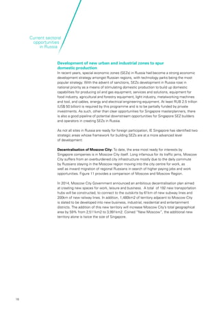 18
Current sectoral
opportunities
in Russia
Development of new urban and industrial zones to spur
domestic production
In recent years, special economic zones (SEZs) in Russia had become a strong economic
development strategy amongst Russian regions, with technology parks being the most
popular strategy. With the advent of sanctions, SEZs development in Russia rose in
national priority as a means of stimulating domestic production to build up domestic
capabilities for producing oil and gas equipment, services and solutions, equipment for
food industry, agricultural and forestry equipment, light industry, metalworking machines
and tool, and cables, energy and electrical engineering equipment. At least RUB 2.5 trillion
(US$ 50 billion) is required by this programme and is to be partially funded by private
investments. As such, other than clear opportunities for Singapore masterplanners, there
is also a good pipeline of potential downstream opportunities for Singapore SEZ builders
and operators in creating SEZs in Russia.
As not all sites in Russia are ready for foreign participation, IE Singapore has identified two
strategic areas whose framework for building SEZs are at a more advanced level
of development:
Decentralisation of Moscow City: To date, the area most ready for interests by
Singapore companies is in Moscow City itself. Long infamous for its traffic jams, Moscow
City suffers from an overburdened city infrastructure mostly due to the daily commute
by Russians staying in the Moscow region moving into the city centre for work, as
well as inward migration of regional Russians in search of higher paying jobs and work
opportunities. Figure 11 provides a comparison of Moscow and Moscow Region.
In 2014, Moscow City Government announced an ambitious decentralisation plan aimed
at creating new spaces for work, leisure and business. A total of 192 new transportation
hubs will be constructed, to connect to the outskirts by 61km of new subway lines and
200km of new railway lines. In addition, 1,480km2 of territory adjacent to Moscow City
is slated to be developed into new business, industrial, residential and entertainment
districts. The addition of this new territory will increase Moscow City’s total geographical
area by 59% from 2,511km2 to 3,991km2. Coined “New Moscow”, the additional new
territory alone is twice the size of Singapore.
 