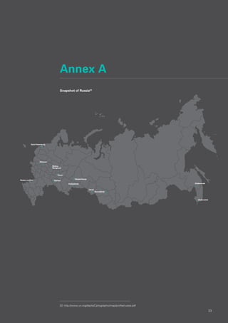 Annex A
Snapshot of Russia20
20	http://www.un.org/depts/Cartographic/map/profile/russia.pdf
Chelyabinsk
Yekaterinburg
Omsk
Novosibirsk
Moscow
Saint Petersburg
Nizhny
Novgorod
Kazan
Rostov-on-Don Samara
23
Khabarovsk
Vladivostok
 
