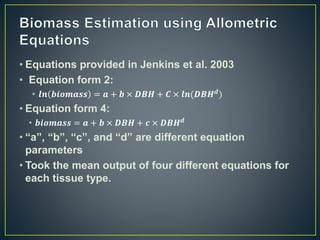 • Equations provided in Jenkins et al. 2003
• Equation form 2:
• 𝒍𝒏 𝒃𝒊𝒐𝒎𝒂𝒔𝒔 = 𝒂 + 𝒃 × 𝑫𝑩𝑯 + 𝑪 × 𝒍𝒏(𝑫𝑩𝑯 𝒅)
• Equation form 4:
• 𝒃𝒊𝒐𝒎𝒂𝒔𝒔 = 𝒂 + 𝒃 × 𝑫𝑩𝑯 + 𝒄 × 𝑫𝑩𝑯 𝒅
• “a”, “b”, “c”, and “d” are different equation
parameters
• Took the mean output of four different equations for
each tissue type.
 