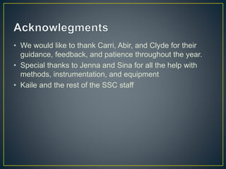 • We would like to thank Carri, Abir, and Clyde for their
guidance, feedback, and patience throughout the year.
• Special thanks to Jenna and Sina for all the help with
methods, instrumentation, and equipment
• Kaile and the rest of the SSC staff
 