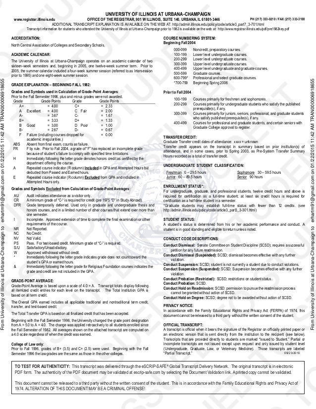 U Of I Official Transcript Escrip Safe