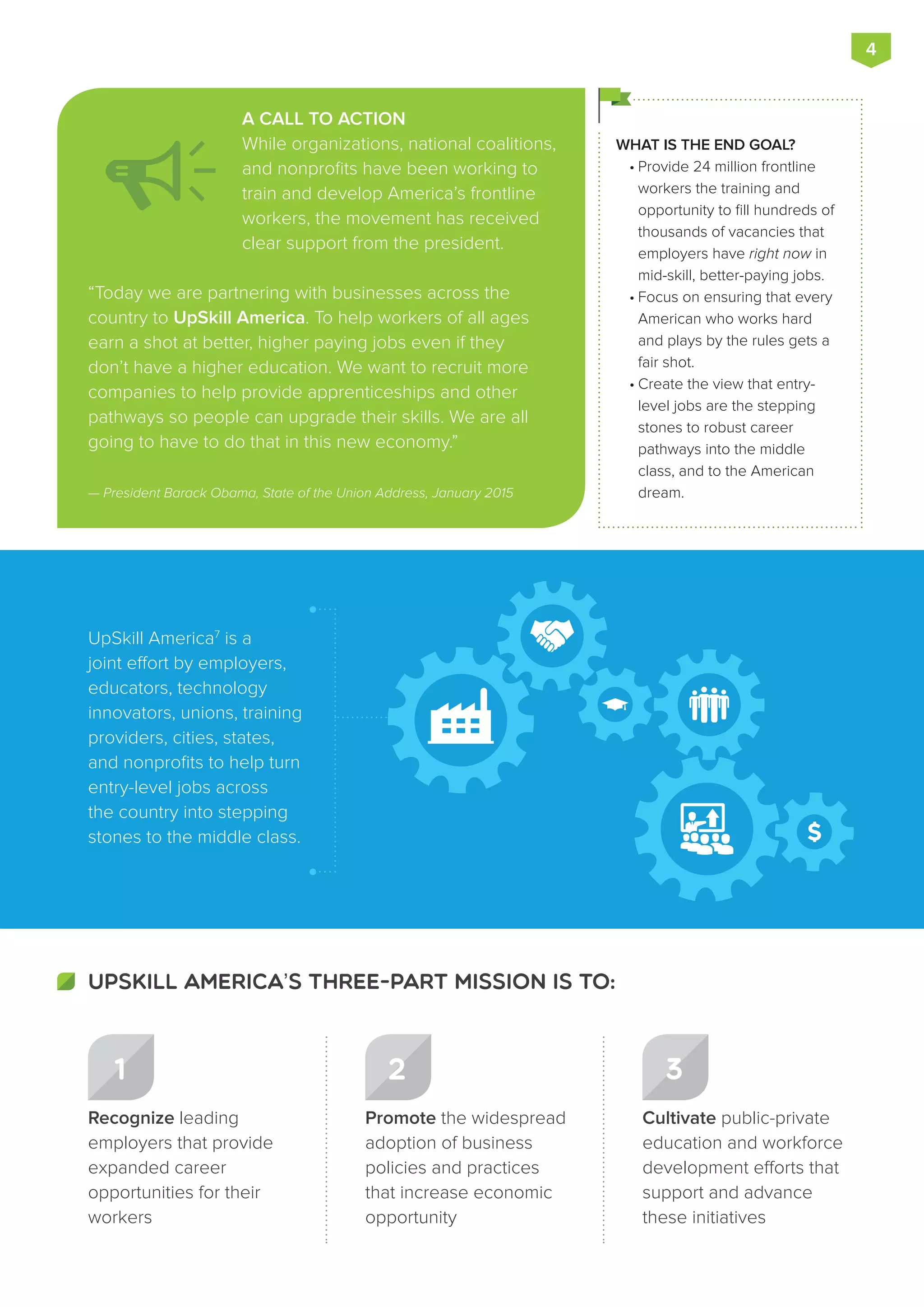 2 3
A CALL TO ACTION
While organizations, national coalitions,
and nonprofits have been working to
train and develop America’s frontline
workers, the movement has received
clear support from the president.
“Today we are partnering with businesses across the
country to UpSkill America. To help workers of all ages
earn a shot at better, higher paying jobs even if they
don’t have a higher education. We want to recruit more
companies to help provide apprenticeships and other
pathways so people can upgrade their skills. We are all
going to have to do that in this new economy.”
— President Barack Obama, State of the Union Address, January 2015
4
WHAT IS THE END GOAL?
• Provide 24 million frontline
workers the training and
opportunity to fill hundreds of
thousands of vacancies that
employers have right now in
mid-skill, better-paying jobs.
• Focus on ensuring that every
American who works hard
and plays by the rules gets a
fair shot.
• Create the view that entry-
level jobs are the stepping
stones to robust career
pathways into the middle
class, and to the American
dream.
UpSkill America7
is a
joint effort by employers,
educators, technology
innovators, unions, training
providers, cities, states,
and nonprofits to help turn
entry-level jobs across
the country into stepping
stones to the middle class.
UpSkill America's three-part mission is to:
Promote the widespread
adoption of business
policies and practices
that increase economic
opportunity
Cultivate public-private
education and workforce
development efforts that
support and advance
these initiatives
Recognize leading
employers that provide
expanded career
opportunities for their
workers
1
 