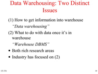 CS 336 18
Data Warehousing: Two Distinct
Issues
(1) How to get information into warehouse
“Data warehousing”
(2) What to do with data once it’s in
warehouse
“Warehouse DBMS”
• Both rich research areas
• Industry has focused on (2)
 