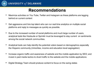  Maximize activities on You Tube, Twitter and Instagram as these platforms are lagging
behind on current content
 Get aggressive and hire top talent who can run real time analytics on multiple social
platforms and reply to messages as quickly as possible.
 Due to the increased number of social platforms and much large number of users,
analytical tools like Hootsuite or Sprinklr must be leveraged to stay current on sentiments
among the social network communities.
 Analytical tools can help identify the potential voters based on demographics especially
the Hispanic community (minorities, income and education level segregation)
 Increase organic traffic and awareness of website and the mobile application by SEO; and
invest in paid media tactics to divert traffic to the website and the mobile applications
 Digital Strategy Team should produce content to focus on the swing states
Recommendations
 