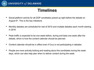  Social platform activity for all GOP candidates picked up right before the debate on
August 6th
. This is the key milestone
 Monthly debates are scheduled for rest of 2015 and multiple debates each month starting
in 2016
 Peak traffic is expected to be one week before, during and lasts one week after the
debate, which is how the content calendar should be planned
 Content calendar should be in affect even if Cruz is not participating in debates
 People are more actively looking and reading about the candidates during the week
days, which can also help plan when to deliver content during the week
Timelines
 