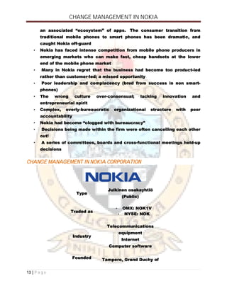 CHANGE MANAGEMENT IN NOKIA
13 | P a g e
an associated “ecosystem” of apps. The consumer transition from
traditional mobile...