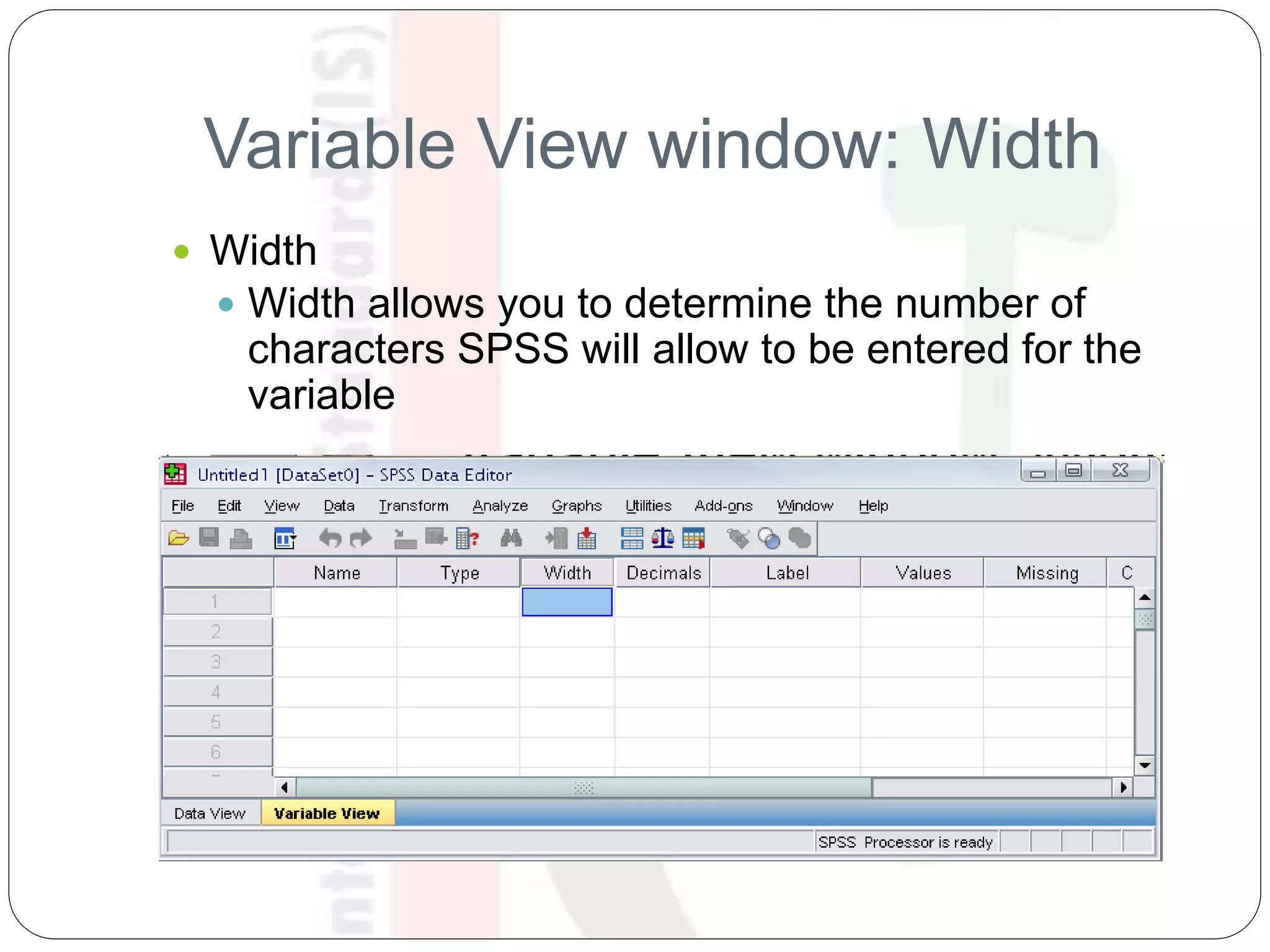 Variable View window: Width
 Width
 Width allows you to determine the number of
characters SPSS will allow to be entered for the
variable
 