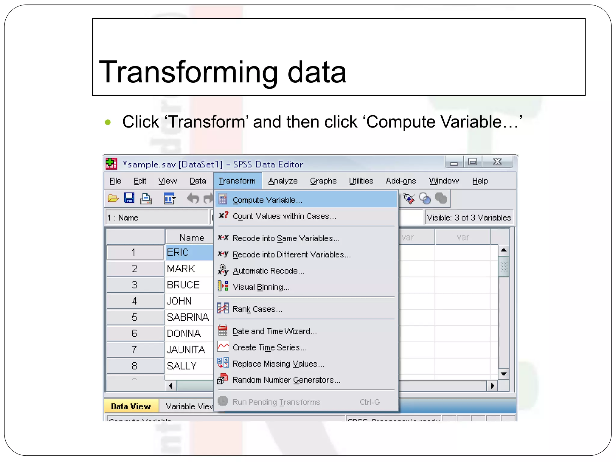 Transforming data
 Click ‘Transform’ and then click ‘Compute Variable…’
 