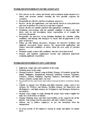WORK RESPONSIBILITYOF HR ASSISTANT
 Post adverts on the various job boards and recruitment media channels in a
timely and accurate manner ensuring the best possible exposure for
vacancies.
 Responsible for effective and fast recruitment processes.
 Receive all the job applications, sort and classify based on each profession
and store in database for retrieval as and when required.
 Ensure all roles are suitably matched with appropriate candidates.
 Telephonic conversations with the probable candidate to discuss the main
ideas, such as: job description, salary expectations or to compile the
necessary documents.
 Responsible for interview set-up including finalizing the schedule, calling
candidates and liaising with managers to ensure that all paperwork is sent
prior to interview.
 Follow up with Human Resources Manager for interview feedback and
applicant assessment forms; process the unsuccessful applications and
contact successful candidates to advice about the next stage of selection
process.
 Maintain regular contact with candidates who have been interviewed.
 Prepare and maintain employment records and authorized paperwork
assigning applicants to positions.
WORK RESPONSIBILITYOF CAMP BOSS
 Implement camps rules and regulation in the camp.
 Maintain peace in the camp.
 Managed workers / labours camp in Dubai. Manage 14 Countries people like
Indian, Philippines, Bangladeshi, Pakistani, Srilankan, Yemenis, Egyptians,
Lebanese, Syrians, Ethopians, Nigerian, Sudanese, Palestinians, and other
African countries people under one roof.
 Responsible for the supervision and conduct of group members at all times during
stay
 Capable to manage Low Medium and High categories camps .such as low
category for Workers and labours, Medium category for Supervisors and
JR.Engineers and high category for Sr.Engineers and Managers Related to
our projects.
 Manage water supply to camp, through the proper water tanker supplier for
daily uses of all worker or labours.
 Manage Drinking water and other food facilities in the camp for the all the
labours. And arrange fuel for generators and other vehicles in camp.
 Allocate site to jobless employees as per the instruction from the
management.
 To keep records of all employees staying in camps and update on regular
basis.
 