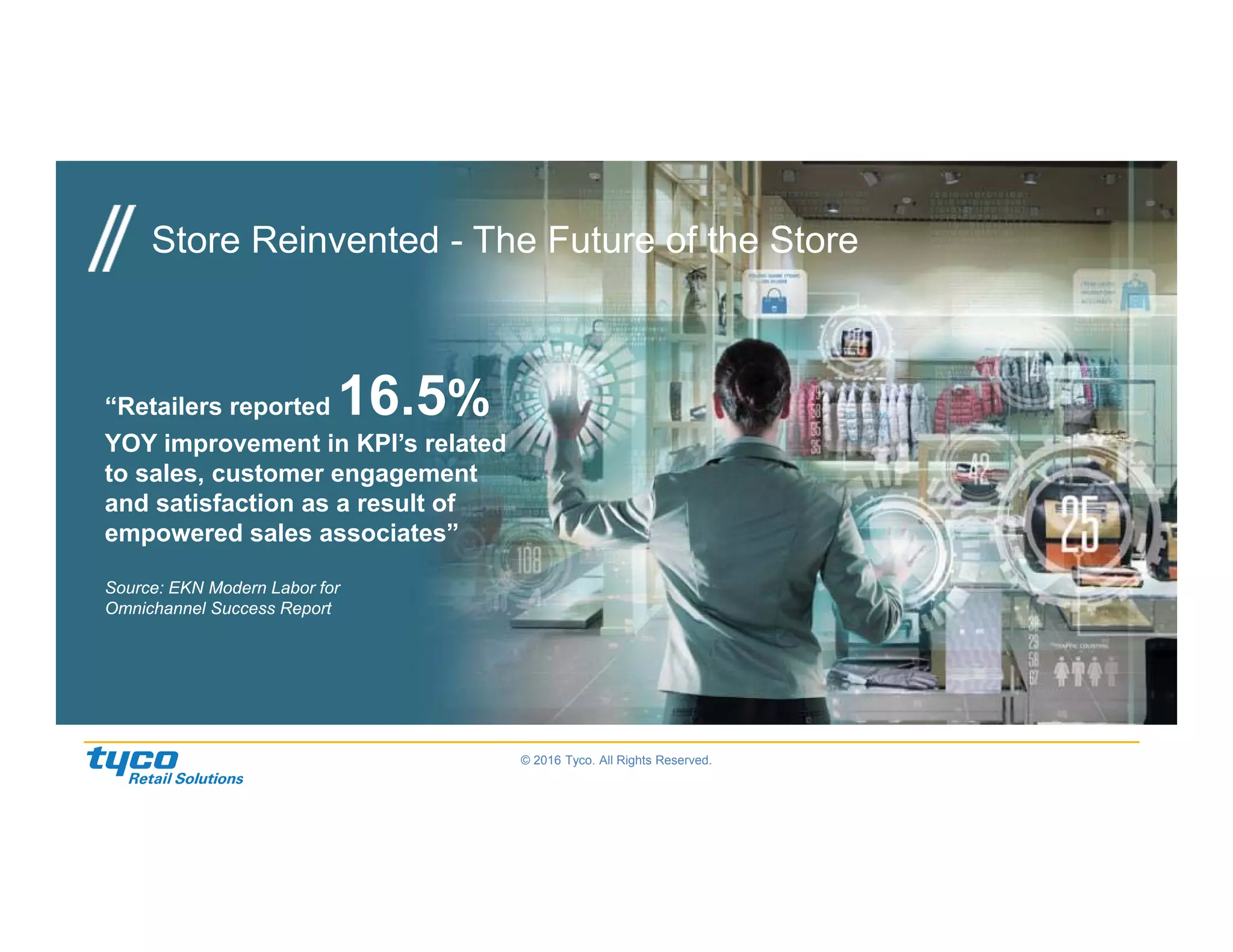 © 2016 Tyco. All Rights Reserved.
Store Reinvented - The Future of the Store
“Retailers reported 16.5%
YOY improvement in KPI’s related
to sales, customer engagement
and satisfaction as a result of
empowered sales associates”
Source: EKN Modern Labor for
Omnichannel Success Report
 
