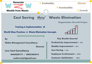 Generate
Wealth from Waste
Objectives Profitability
 Sustainability
 Growth
Organisation Growth Project
Training & Implementation of
World Class Practices & Waste Elimination Concepts
Key Results Assured
Productivity Improvement – 10%
Quality Improvement – 10%
Cost Saving – 10%
Employee Involvement – 100%
Customer Satisfaction - 100%
By
Globe Management Consultancy
Chennai.
Low Cost Consultancy
9444226171 / 9952384414
nodiversity@gmail.com
 