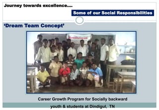 Journey towards excellence….
Some of our Social Responsibilities
Career Growth Program for Socially backward
youth & students at Dindigul, TN
‘Dream Team Concept’
 