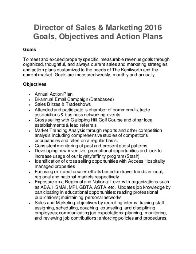 Director of Sales & Marketing 2016 Goals, Objectives and Action Plans