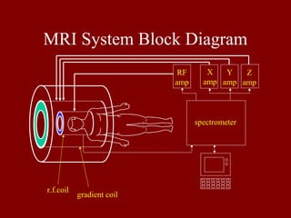 MRI System Block Diagram
RF
amp
spectrometer
r.f.coil
gradient coil
X
amp
Y
amp
Z
amp
 