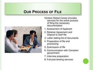 OUR PROCESS OF FILE
Verdant Global Career provides
services for the entire process
of filing the necessary
documentation
1. Assessment of Applicant
2. Retainer Agreement and
Deposit to start file
3. Letter stating list of documents
4. Preparation of file and
processing
5. Submission of file
6. Communication with Canadian
government
7. Interview preparation
8. Full post landing services
 
