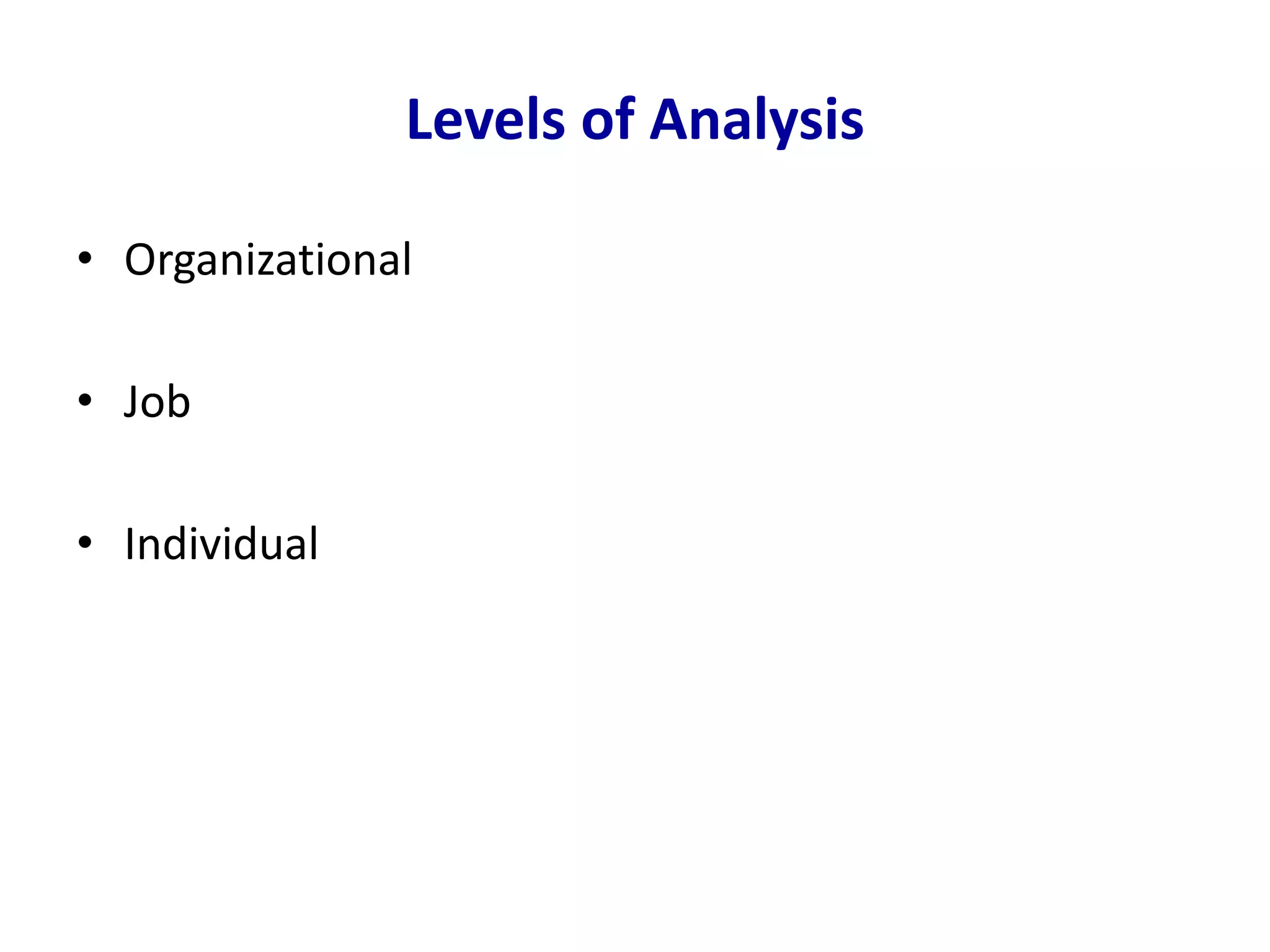 Levels of Analysis
• Organizational
• Job
• Individual
 
