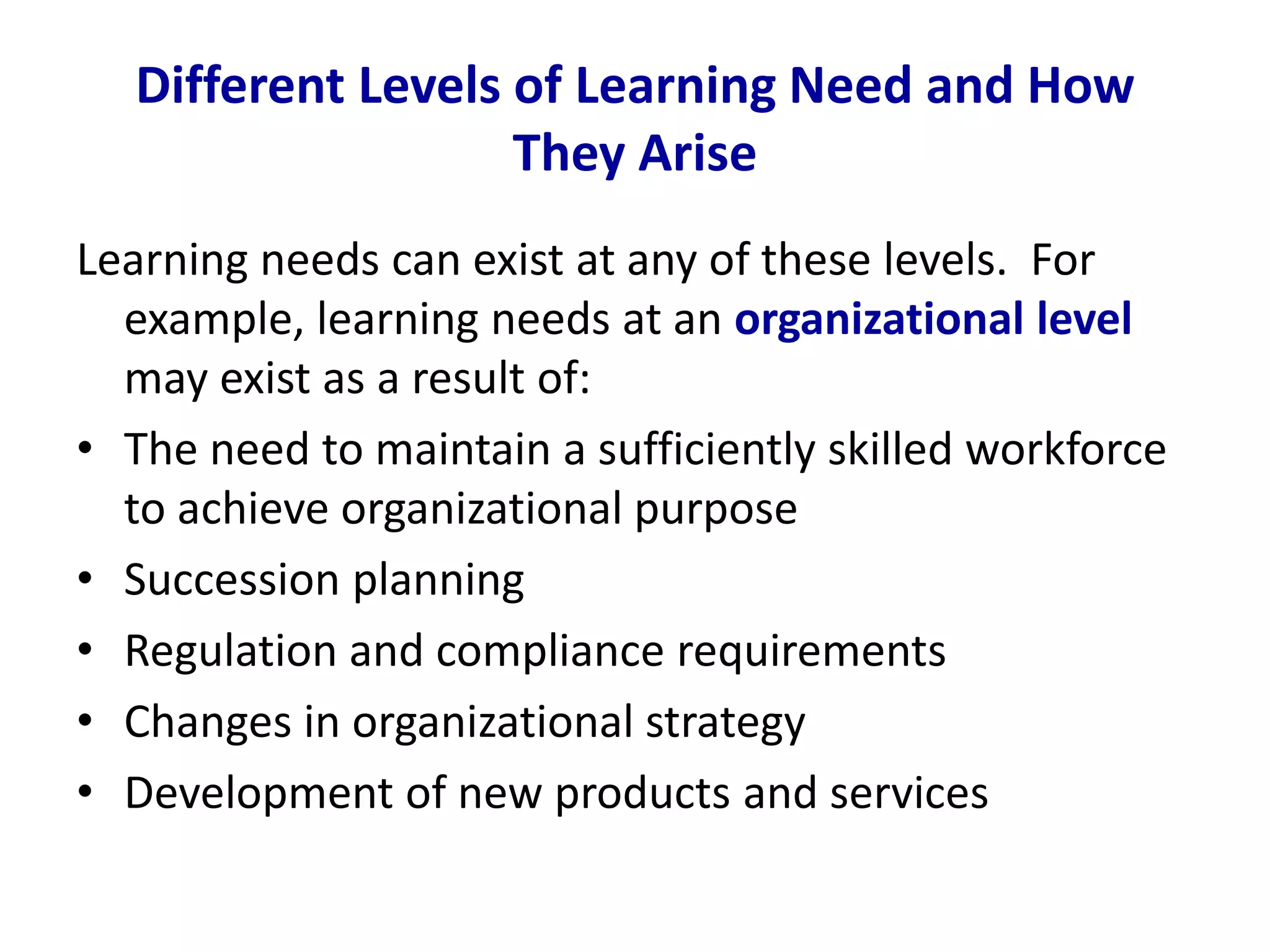 Different Levels of Learning Need and How
They Arise
Learning needs can exist at any of these levels. For
example, learning needs at an organizational level
may exist as a result of:
• The need to maintain a sufficiently skilled workforce
to achieve organizational purpose
• Succession planning
• Regulation and compliance requirements
• Changes in organizational strategy
• Development of new products and services
 