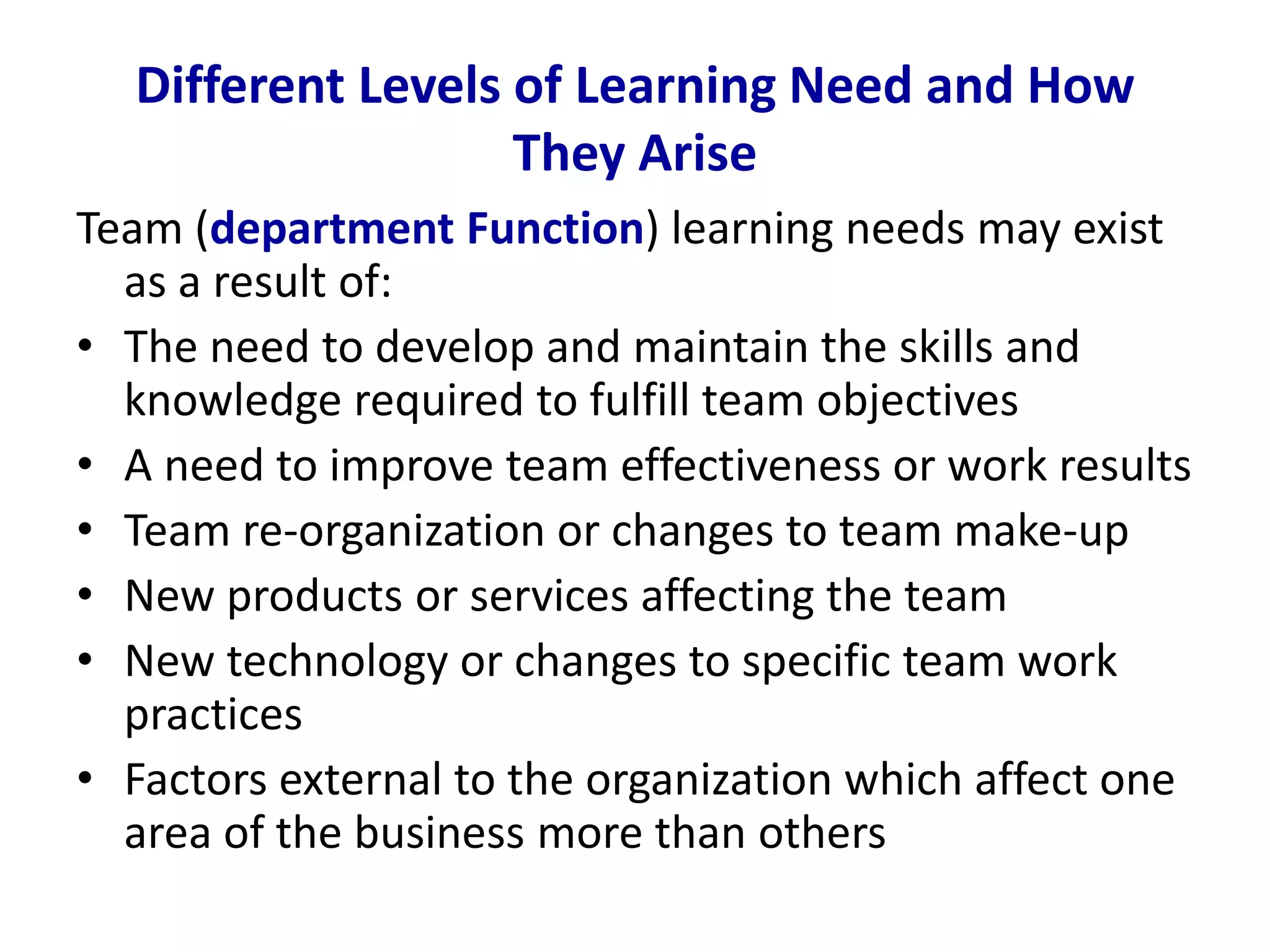 Different Levels of Learning Need and How
They Arise
Team (department Function) learning needs may exist
as a result of:
• The need to develop and maintain the skills and
knowledge required to fulfill team objectives
• A need to improve team effectiveness or work results
• Team re-organization or changes to team make-up
• New products or services affecting the team
• New technology or changes to specific team work
practices
• Factors external to the organization which affect one
area of the business more than others
 