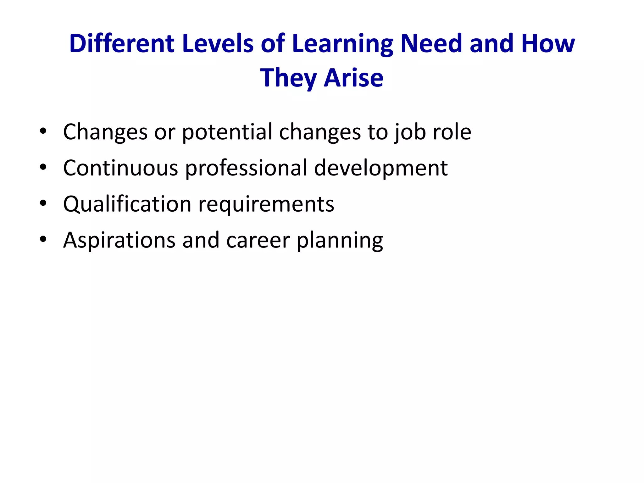 Different Levels of Learning Need and How
They Arise
• Changes or potential changes to job role
• Continuous professional development
• Qualification requirements
• Aspirations and career planning
 