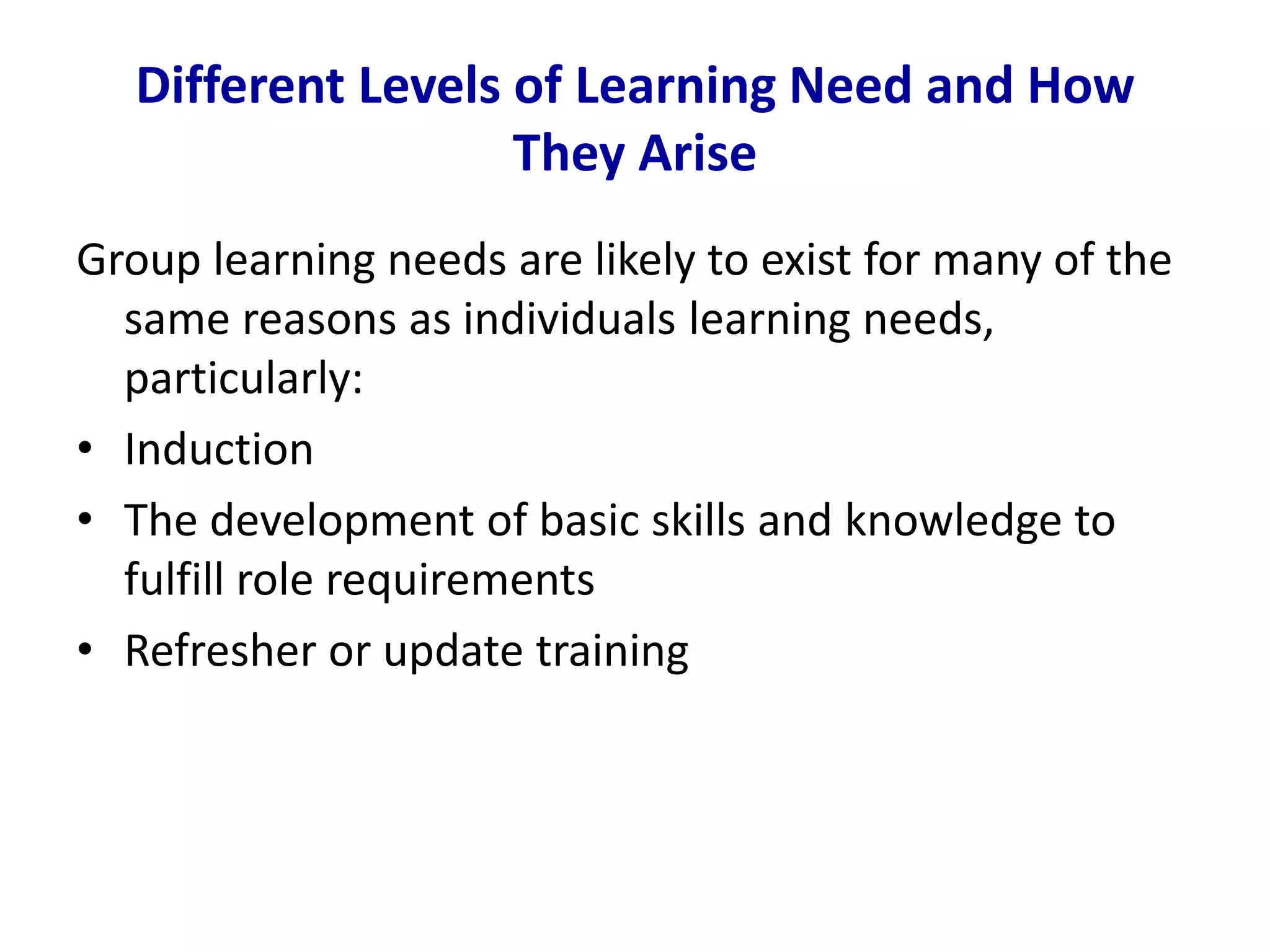 Different Levels of Learning Need and How
They Arise
Group learning needs are likely to exist for many of the
same reasons as individuals learning needs,
particularly:
• Induction
• The development of basic skills and knowledge to
fulfill role requirements
• Refresher or update training
 