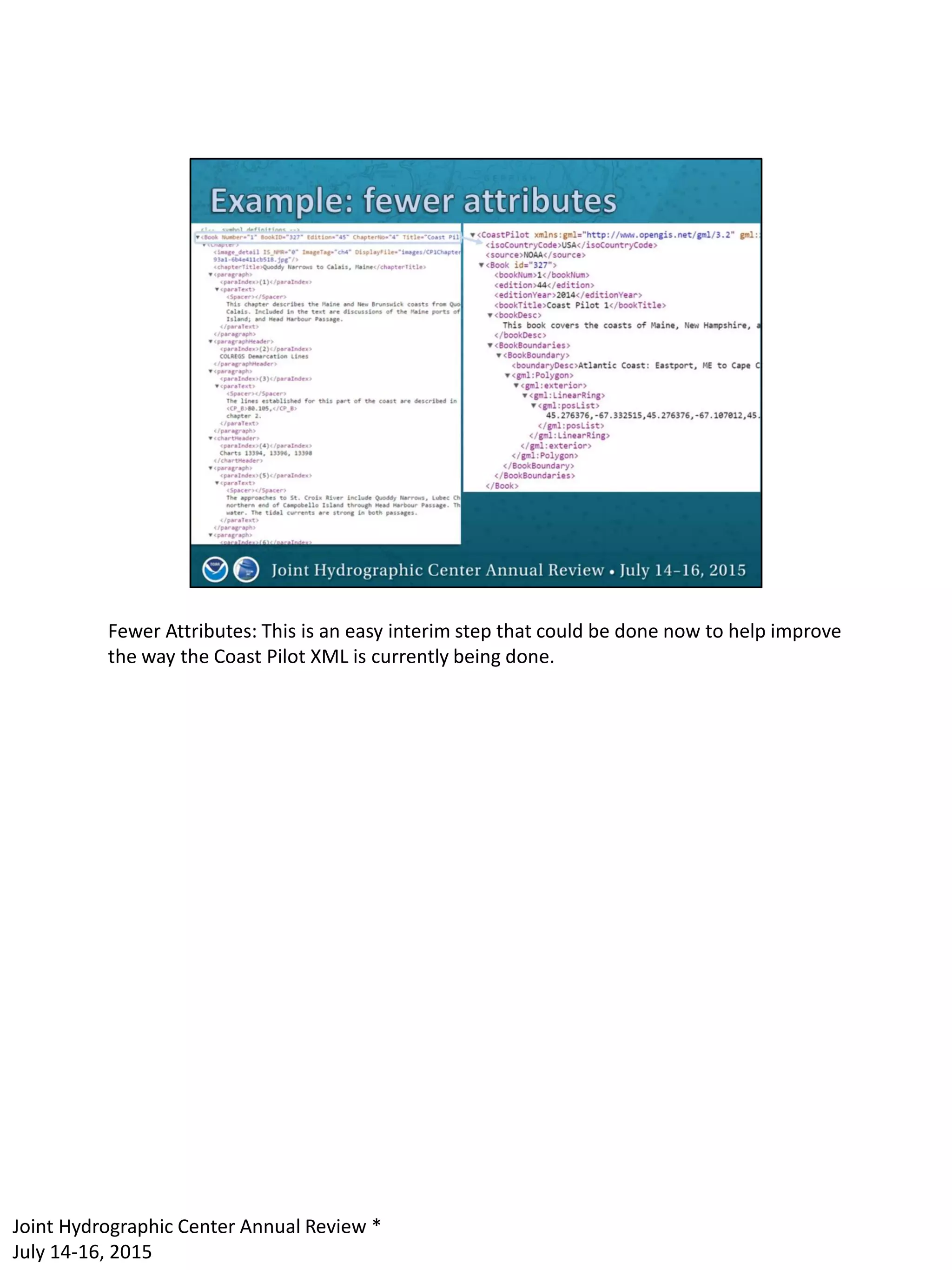 Fewer Attributes: This is an easy interim step that could be done now to help improve
the way the Coast Pilot XML is currently being done.
Joint Hydrographic Center Annual Review *
July 14-16, 2015
 