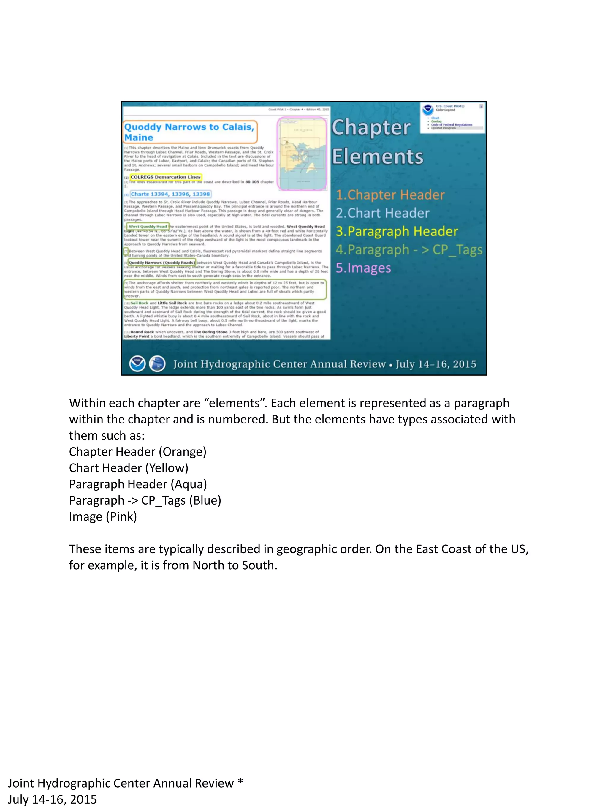 Within each chapter are “elements”. Each element is represented as a paragraph
within the chapter and is numbered. But the elements have types associated with
them such as:
Chapter Header (Orange)
Chart Header (Yellow)
Paragraph Header (Aqua)
Paragraph -> CP_Tags (Blue)
Image (Pink)
These items are typically described in geographic order. On the East Coast of the US,
for example, it is from North to South.
Joint Hydrographic Center Annual Review *
July 14-16, 2015
 