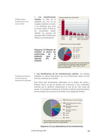 © Santo Domingo, 2014 18
El 60% realiza
transferencias a las
zonas rurales
5. Las transferencias
móviles. El 60% de la
población que vive en las
ciudades transfiere el dinero
a sus familiares que viven
en zonas rurales. El 40% de
los encuestados habian
utilizado los servicios del
operados MMU M-PESA para
realizar sus transferencias.
Diagrama 2.8 Metodos de
transferir el dinero, las
preferencias de la
población para el
segundo año del
proyecto.
Transferencias tipicas
ocurren entre los
miembros de la familia
6. Los beneficiarios de las transferencias móviles. Los estudios
realizados en Kenya demostraron que las transferencias típicas ocurren
entre los miembros de la familia.
Este hecho está directamente relacionado con la Región del Caribe y
América Latina, ya que las familias son numerosas y muy ramificadas,
mientras que la distancia interpersonal es una de las más cortas del
mundo. Se consideran miembros de la familia no sólo los parientes lejanos,
sino los amigos mas cercanos de la familia y sus respectivas familias.
Diagrama 2.9 Los destinatarios de las transferencias.
 