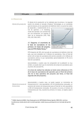 © Santo Domingo, 2014 40
6.3 PR ODUCCIÓN
Cálculo de la producción
El cálculo de la producción se ha realizado para la primera y la segunda
opción de entrada al mercado (Chadyuk Technologies es un contratista
para los bancos y/o los operadores de telefonía móvil, no asume los costes
de desarrollo y mantenimiento de la
red de agencias y el marketing,
recibe del operador una comisión fija
por una transacción, sin importar el
valor de la transacción (P2P, P2B,
P2G, G2P, B2B, B2P).
17. Diagrama: el crecimiento de
la base de suscriptores en los
primeros 16 meses del proyecto,
caso de MTN Mobile Money.35
MTN disponía del 40% del mercado de suscriptores de telefonía móvil del
país, que eran alrededor de 8 millones de suscriptores. Para el final del
primer año la base de suscriptores del servicio ascendió a 0,3 millones de
suscriptores activos, lo que representaba aproximadamente el 4% de la
base de suscriptores.
Aproximándolo a nuestro caso (la composición de la población es muy
similar), se puede decir que el crecimiento de la base de suscriptores para
el primer año será del 4%.
A la hora de realizar los cálculos se tomó como referencia el 2%
de la base de suscriptores del operador para el final del primero
año de la fase operativa del proyecto (de facto, el final del
segundo año del proyecto).
Cálculo de incremento de
transacciones
Aproximándolo a nuestro caso, se puede suponer un incremento de
transacciones de 1 mes equivalente a 20 mil transferencias mensuales, un
aumento del número de transacciones para el final del 1er año equivalente
a 200 mil transacciones mensuales. De acuerdo a la curva, el número de
transacciones por mes, durante los primeros 16 meses, se duplica cada 6
meses.
35
GSMA, Reporte de MMU, http://www.gsma.com (MTN Mobile Money Uganda, 2009-2011, servicios:
transferencias móviles dentro de la red del operador, mobile top-up, participacinó en el mercado del país de
44%)
TOTAL gastos $1 449.01
 