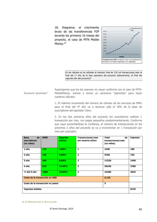 © Santo Domingo, 2014 41
18. Diagrama: el crecimiento
bruto de las transferencias P2P
durante los primeros 16 meses del
proyecto, el caso de MTN Mobile
Money.35
En los cálculos se ha utilizado el volumen final de 120 mil transacciones para el
final del 1º año de la fase operativa del proyecto (básicamente, el final del
segundo año del proyecto)?
Escenario “pesimista”
Supongamos que los los avances no vayan conforme con el caso de MTN-
MobileMoney. Vamos a tomar un escenario “pesimista” para hacer
nuestros cálculos:
1. El máximo incremento del número de clientes de los servicios de MMU
para el final del 4º año va a alcanzar sólo el 18% de la base de
suscriptores del operador Claro.
2. En los dos primeros años del proyecto los suscriptores realizan 1
transacción por mes, con pagos pequeños predominantemente. Conforme
que vaya aumentándose la confianza, el número de transacciones en los
próximos 2 años del proyecto se va a incrementar en 1 transacción por
mes por suscriptor.
Base de
suscriptores
(en miles)
6000 Usuarios
activos
Transacciones/mes
por usuario activo
Total de
transacciones/mes
(en miles)
Ingresos
1 año 120 2.00% 1 1440 180
2 año 240 4.00% 2 5760 720
3 año 480 8.00% 2 11520 1440
4 año 840 14.00% 3 30240 3780
½ del 5 año 1080 18.00% 3 16200 2025
Costo de la transacción en USD 0.125
Costo de la transacción en pesos 5
Ingresos totales: 8145
6.4 IMPUEST OS E INFL ACIÓN
 