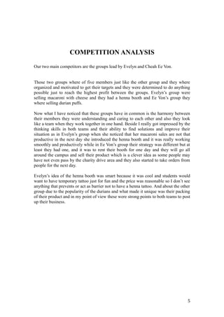 COMPETITION ANALYSIS
Our two main competitors are the groups lead by Evelyn and Cheah Ee Von.
Those two groups where of five members just like the other group and they where
organized and motivated to get their targets and they were determined to do anything
possible just to reach the highest profit between the groups. Evelyn’s group were
selling macaroni with cheese and they had a henna booth and Ee Von’s group they
where selling durian puffs.
Now what I have noticed that these groups have in common is the harmony between
their members they were understanding and caring to each other and also they look
like a team when they work together in one hand. Beside I really got impressed by the
thinking skills in both teams and their ability to find solutions and improve their
situation as in Evelyn’s group when she noticed that her macaroni sales are not that
productive in the next day she introduced the henna booth and it was really working
smoothly and productively while in Ee Von’s group their strategy was different but at
least they had one, and it was to rent their booth for one day and they will go all
around the campus and sell their product which is a clever idea as some people may
have not even pass by the charity drive area and they also started to take orders from
people for the next day.
Evelyn’s idea of the henna booth was smart because it was cool and students would
want to have temporary tattoo just for fun and the price was reasonable so I don’t see
anything that prevents or act as barrier not to have a henna tattoo. And about the other
group due to the popularity of the durians and what made it unique was their packing
of their product and in my point of view these were strong points to both teams to post
up their business.
5
 