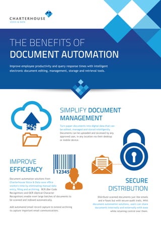 THE BENEFITS OF
DOCUMENT AUTOMATION
Improve employee productivity and query response times with intelligent
electronic document editing, management, storage and retrieval tools.
SIMPLIFY DOCUMENT
MANAGEMENT
SECURE
DISTRIBUTION
Turn paper documents into digital data that can
be edited, managed and stored intelligently.
Documents can be uploaded and accessed by any
approved user, in any location via their desktop
or mobile device.
Distribute scanned documents just like emails
and e-faxes but with secure audit trails. With
document automation solutions, users can share
documents internally and externally with ease
while retaining control over them.
IMPROVE
EFFICIENCY
Document automation solutions from
Charterhouse Voice & Data save office
workers time by eliminating manual data
entry, filing and archiving. BCR (Bar Code
Recognition) and OCR (Optical Character
Recognition) enable even large batches of documents to
be scanned and indexed automatically.
Add automated email record capture to extend archiving
to capture important email communications.
 