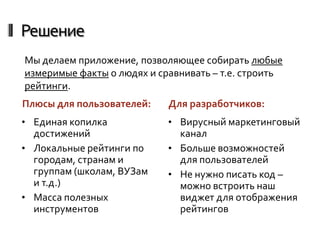 Решение
Мы делаем приложение, позволяющее собирать любые
измеримые факты о людях и сравнивать – т.е. строить
рейтинги.
Плюсы для пользователей:    Для разработчиков:
• Единая копилка            • Вирусный маркетинговый
  достижений                  канал
• Локальные рейтинги по     • Больше возможностей
  городам, странам и          для пользователей
  группам (школам, ВУЗам    • Не нужно писать код –
  и т.д.)                     можно встроить наш
• Масса полезных              виджет для отображения
  инструментов                рейтингов
 
